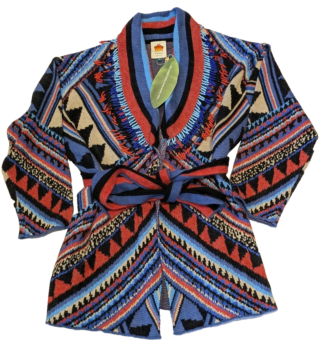 NWT Farm Rio Julie Sweater Belt Cardigan, Aztec Striped-Beaded