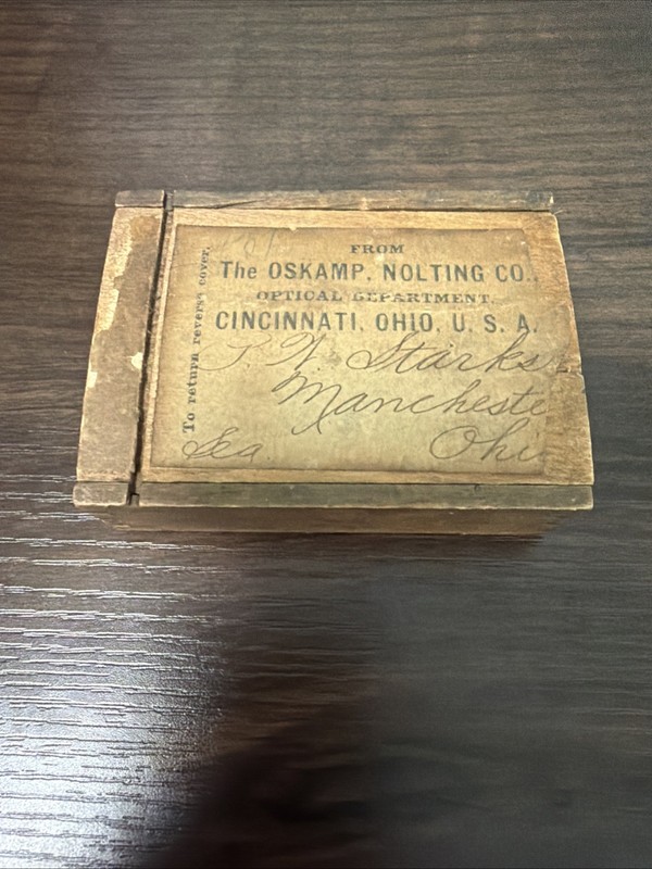 Oskamp Nolting Co Optical Wooden Eyeglass Mailing Box Cincinnati OH Ohio Rare
