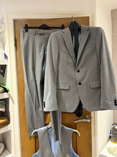 Moss Bros. Mens Grey Slim Fit 3 Piece Suit 38R Jacket 30R Trousers