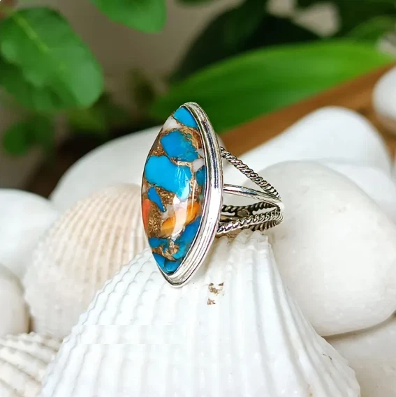 Anillo de plata esterlina turquesa ostra hecho a mano: anillo boho hecho a mano todas las tallas R395 Foto 3 de 4