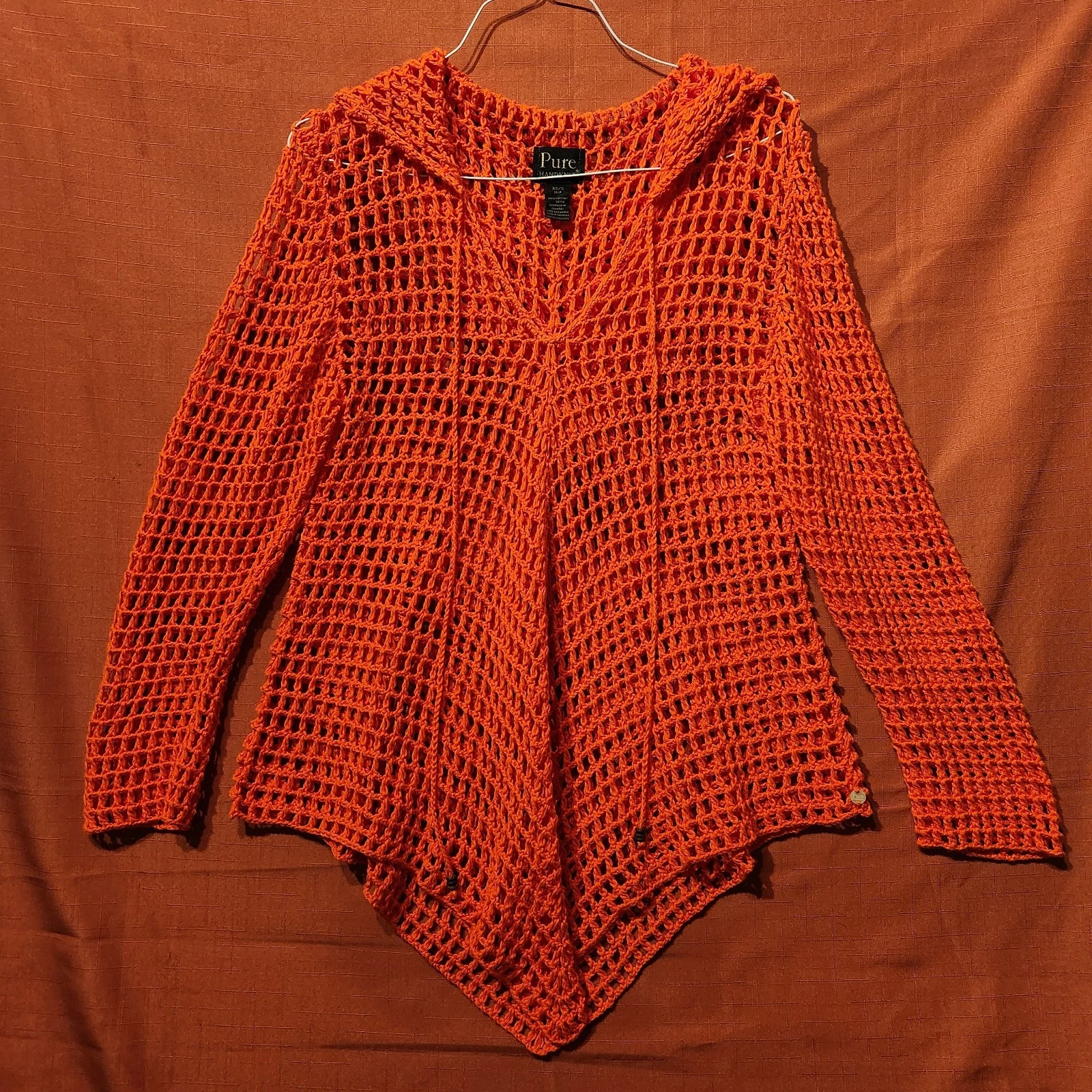 Pure Handknit Neon Orange Open Knit Size S/XS Hooded Poncho Festival Rave Top