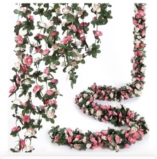 9 Pcs x 8.2 ft Flower Garland Artificial Rose Vine Flowers with Green Leaves ...
