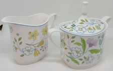 Spode Afton Creamer & Sugar Bowl w/Lid Multicolor Floral MCM Vintage Collectible