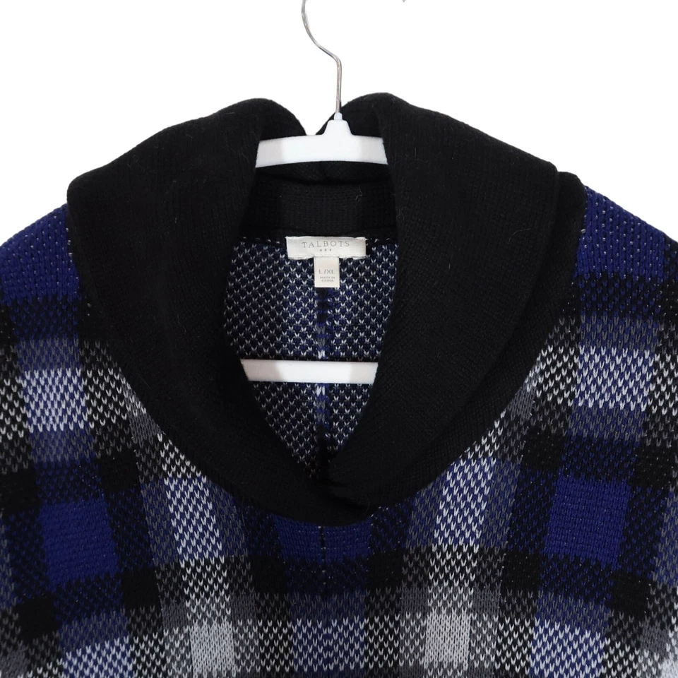Poncho suéter tejido cuello chal a cuadros negro azul algodón TALBOTS talla L/XL Foto 3 de 4