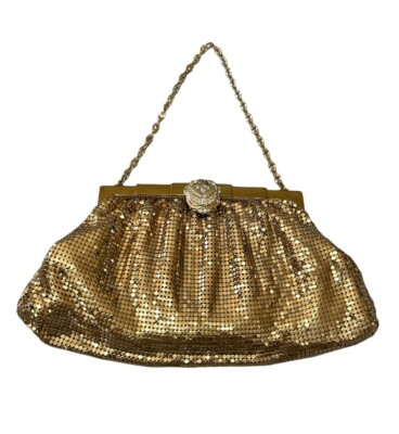Vintage Whiting Davis gold mesh purse w chain handle rhinestones coin  bag