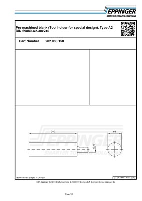 VDI30, Pre-machined blank, Type A2 DIN 69880-A2-30x240, 202.080.150