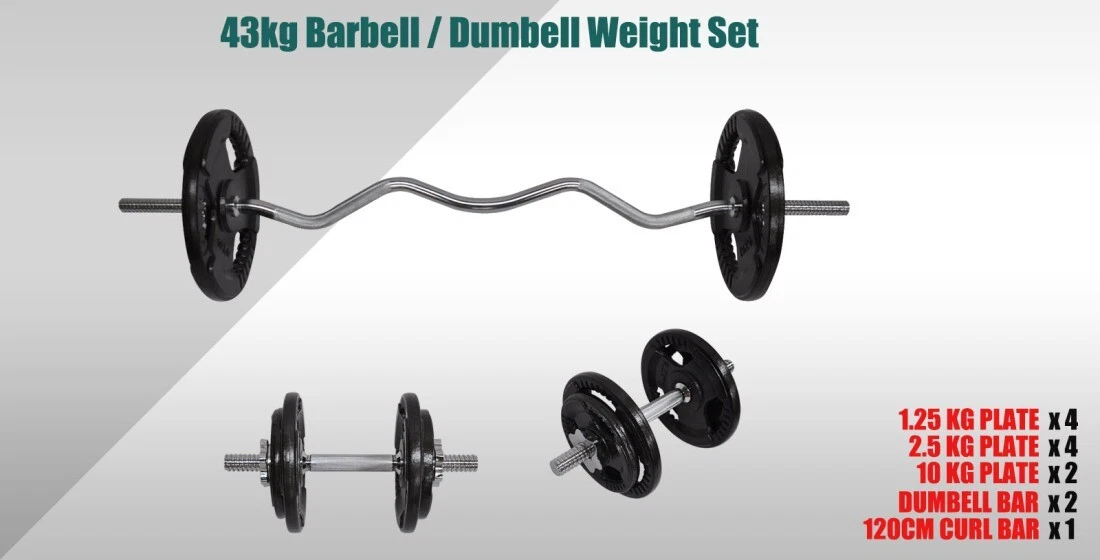 Total 43.5kg 120cm Curl Bar Barbell Weight Set 36cm Dumbell