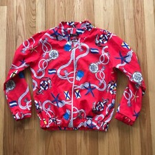 Janes Brand Nautical Print Windbreaker Jacket Red Zip L XL Stretch Sailing Yacht