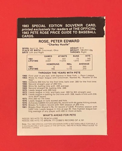 Tarjeta de recuerdo oficial 1983 Pete Rose precio de béisbol edición especial EX - Imagen 2 de 2