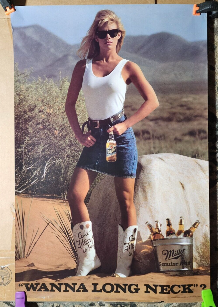 Miller Genuine Draft Beer Poster - Wanna Long Neck - Sexy Woman