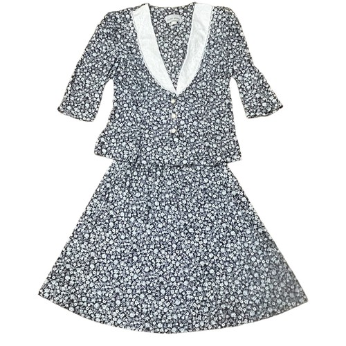 Vintage Rock Bluse Kleid Damen 14 blau Blumen Kragen Sekretärin Akademie Sissy - Bild 3 von 19