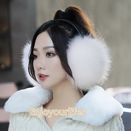 Real Fox Fur Earmuffs Large Ear Muffs Earflap Real Sheepskin Leather Bracket - Picture 7 of 22