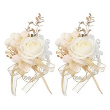 2 Pcs Cream Flower Wrist Corsage Bracelet, Homecoming Corsage Wristlet