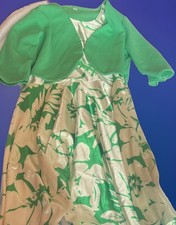 Girls Green White Floral Fit Flare Dress Knee Length 3/4 Sleeve Jacket