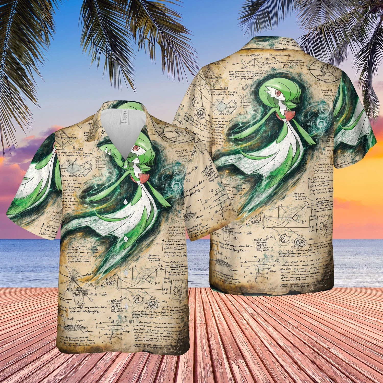 Mythical Green Fairy Aloha Shirt - Ancient Science Scroll Graphic Print