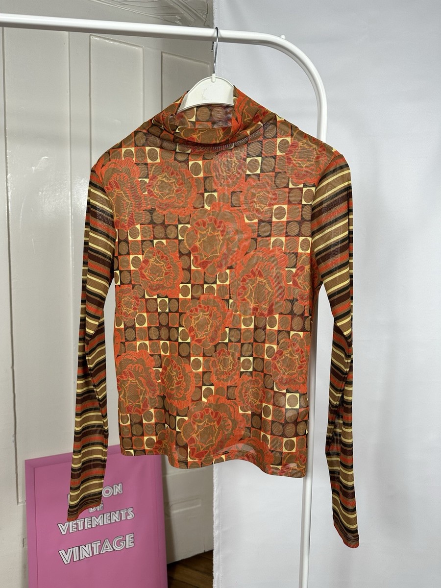 Hiroko Bis Koshino Top Mesh Printed Long Sleeve Orange T