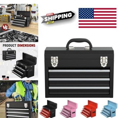 Compact 3 Drawer Tool Box Black Steel with Smooth Glide Drawers for Organization