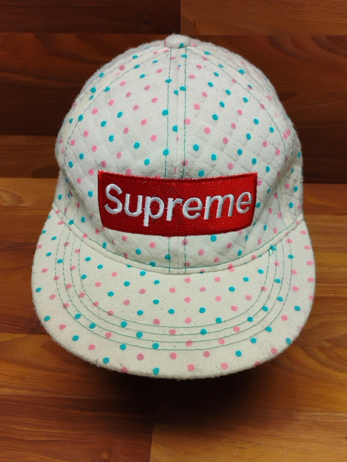 Casquette snapback super rare logo boîte monogramme SUPREME rose/bleuâtre à pois *HTF