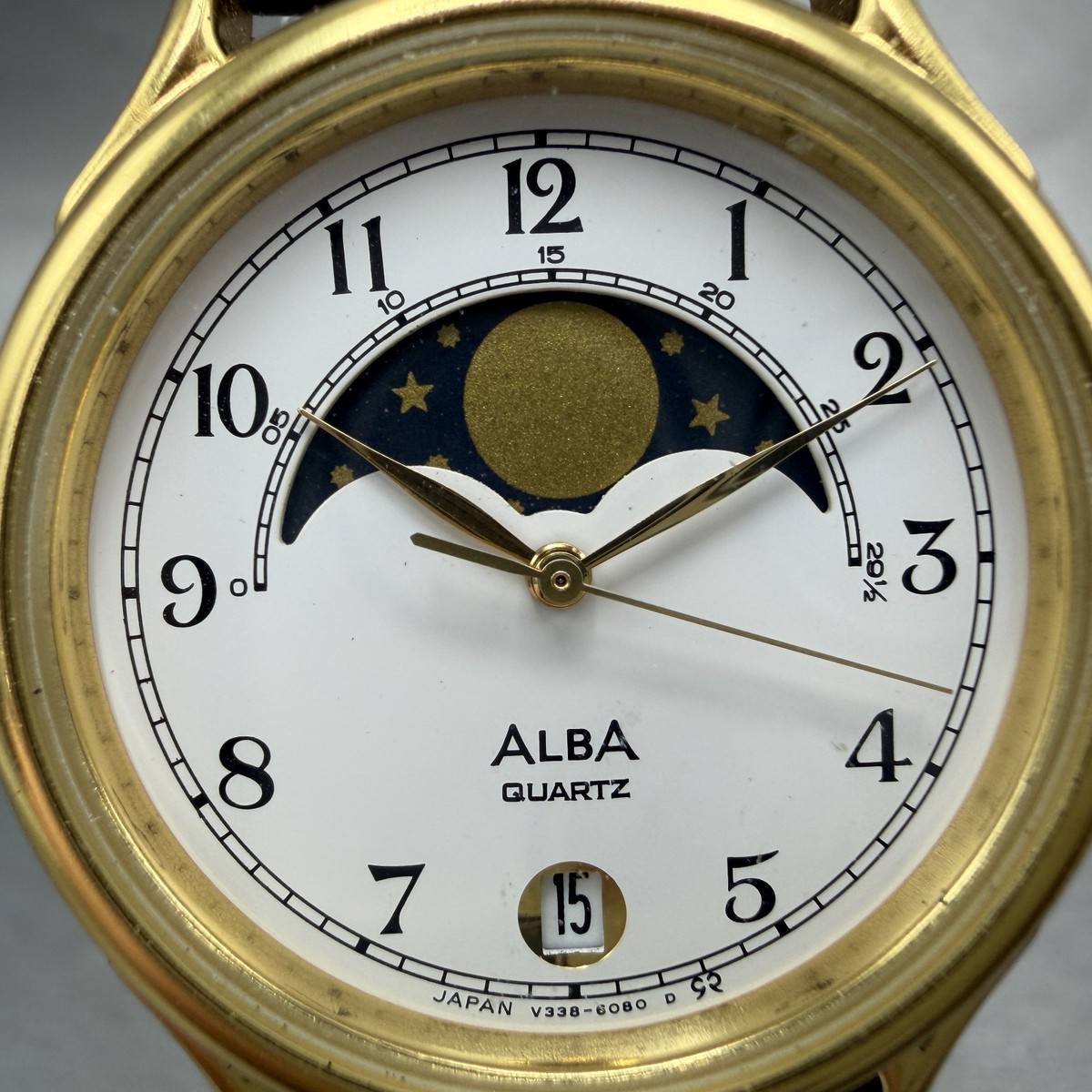 Seiko ALBA Moon Phase Watch Men 31mm White Dial Gold Tone Round