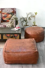 Moroccan Leather Ottoman Boho New Genuine Brown 30''Pouffe Unstuffed Footstool