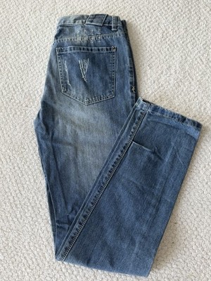 TSUBI Style Button Fly Jeans 32x31 Straight Leg Distressed Cross Detail