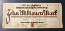 10 Millionen Mark Banknote Aushilfsschein Hansestadt Hamburg 1923 