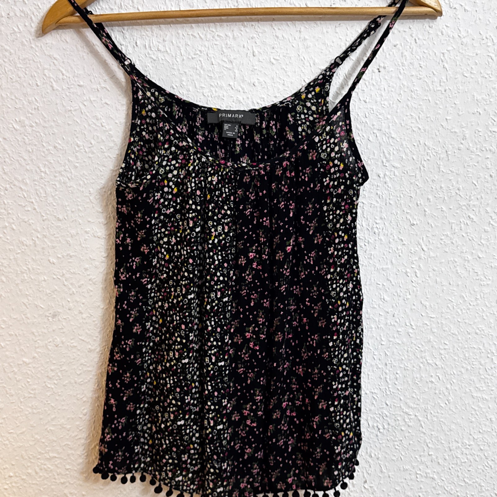 Primark Floral Pom Pom Hem Strappy Cami Top - Size UK 4 / EUR 32