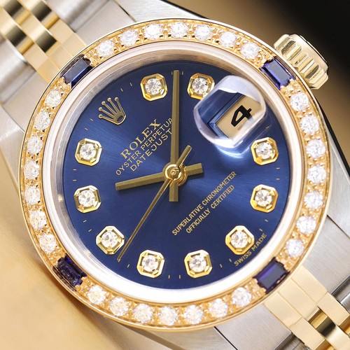 ROLEX LADIES DATEJUST 79173 BLUE DIAL 18K GOLD STEEL DIAMOND SAPPHIRE WATCH
