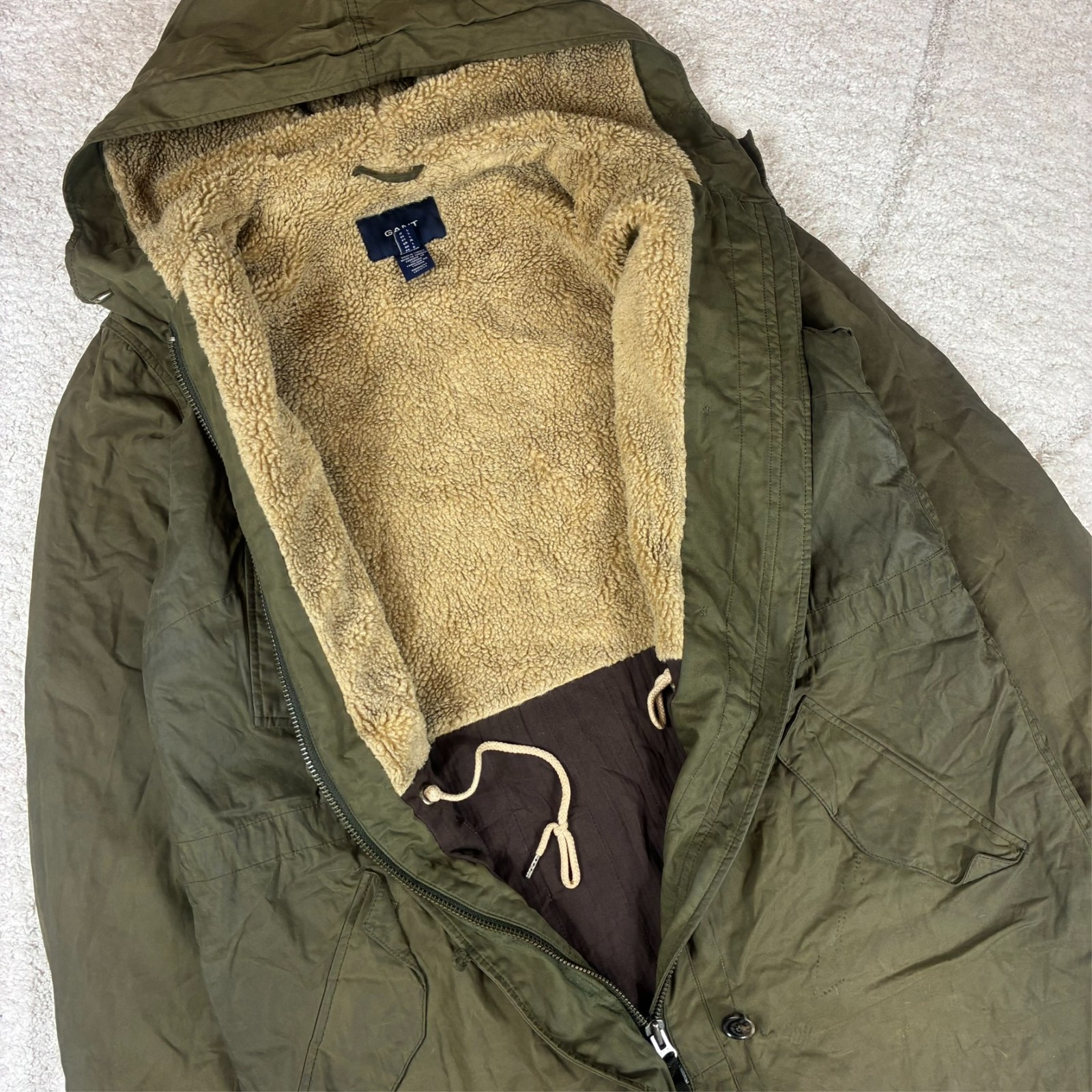 VTG Gant Olive Green Wax Sherpa Lined Size Large Parka Long Wax Cotton Jacket image 3