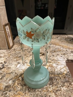 Antique Bohemian Glass Green Scalloped Victorian Style Mantle Crystal Luster