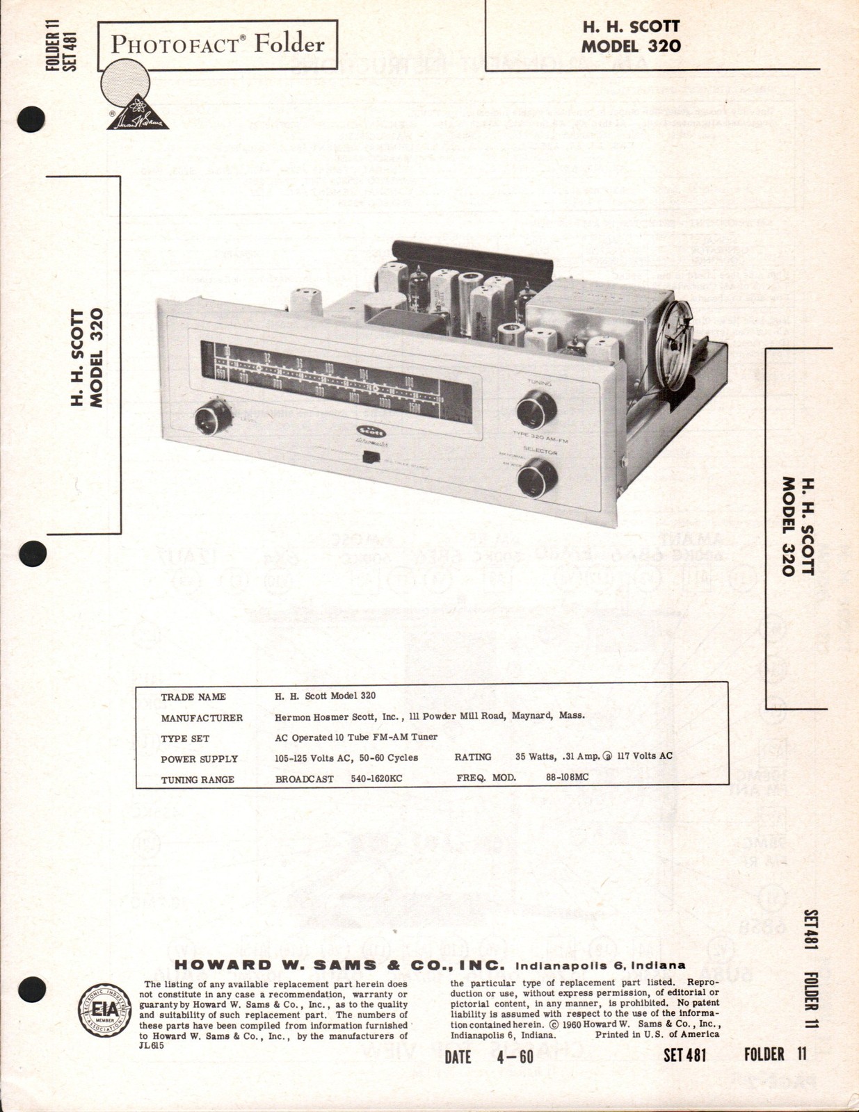 Sams Photofact HH Scott 320 10 Tube FM-AM Tuner Manual w/ Schematics (original)