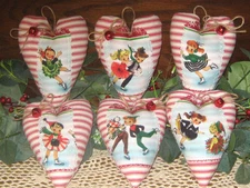 Christmas Retro Fabric 6 Appliqued Hearts Tree Ornaments Wreath Accents Handmade