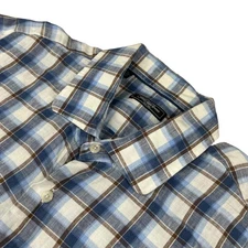 Saks Fifth Avenue Men's 100% Linen L/S Button Shirt Blue/Brown Plaid • 2XL