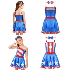Kids Girls Dancewear Performance Dress Bow Headband Outfit Set Stage Metallic