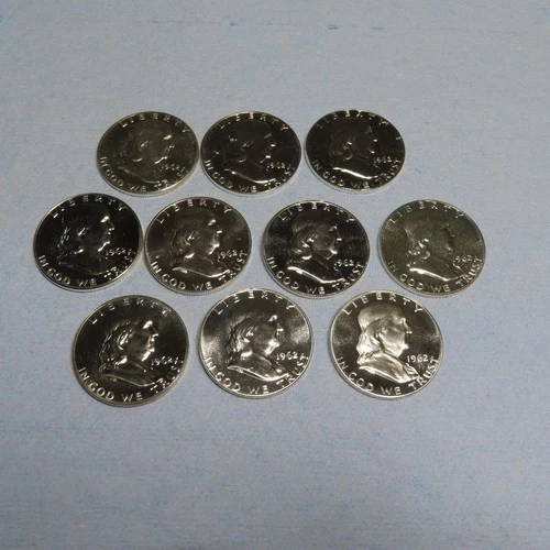 LOT OF 10 1962 PROOF FRANKLIN HALF DOLLAR 90 PERCENT SILVER COINS