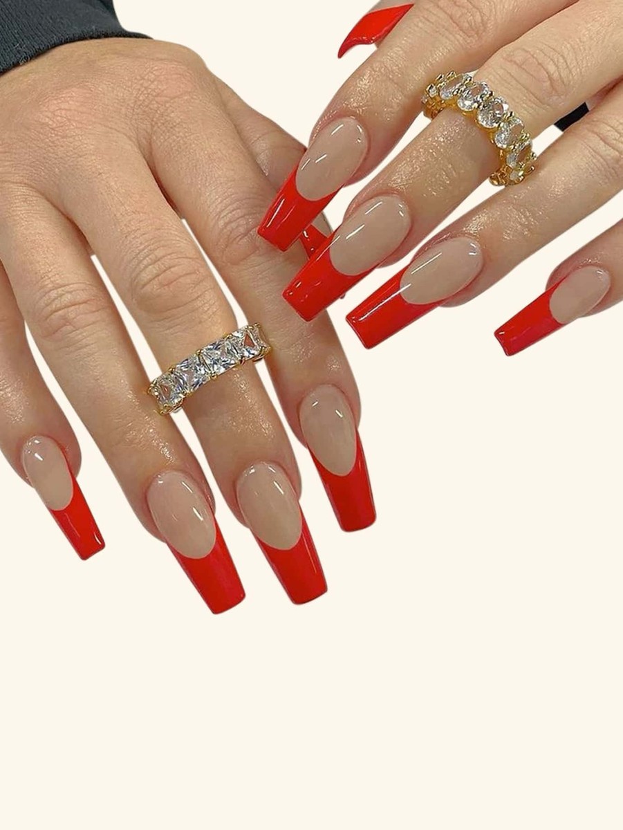 coffin nails for red dress Red glitter french tips