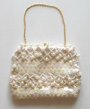 Vintage Evening Clutch Bag Ivory Sequins Faux Pearls Gold Toned Hardware