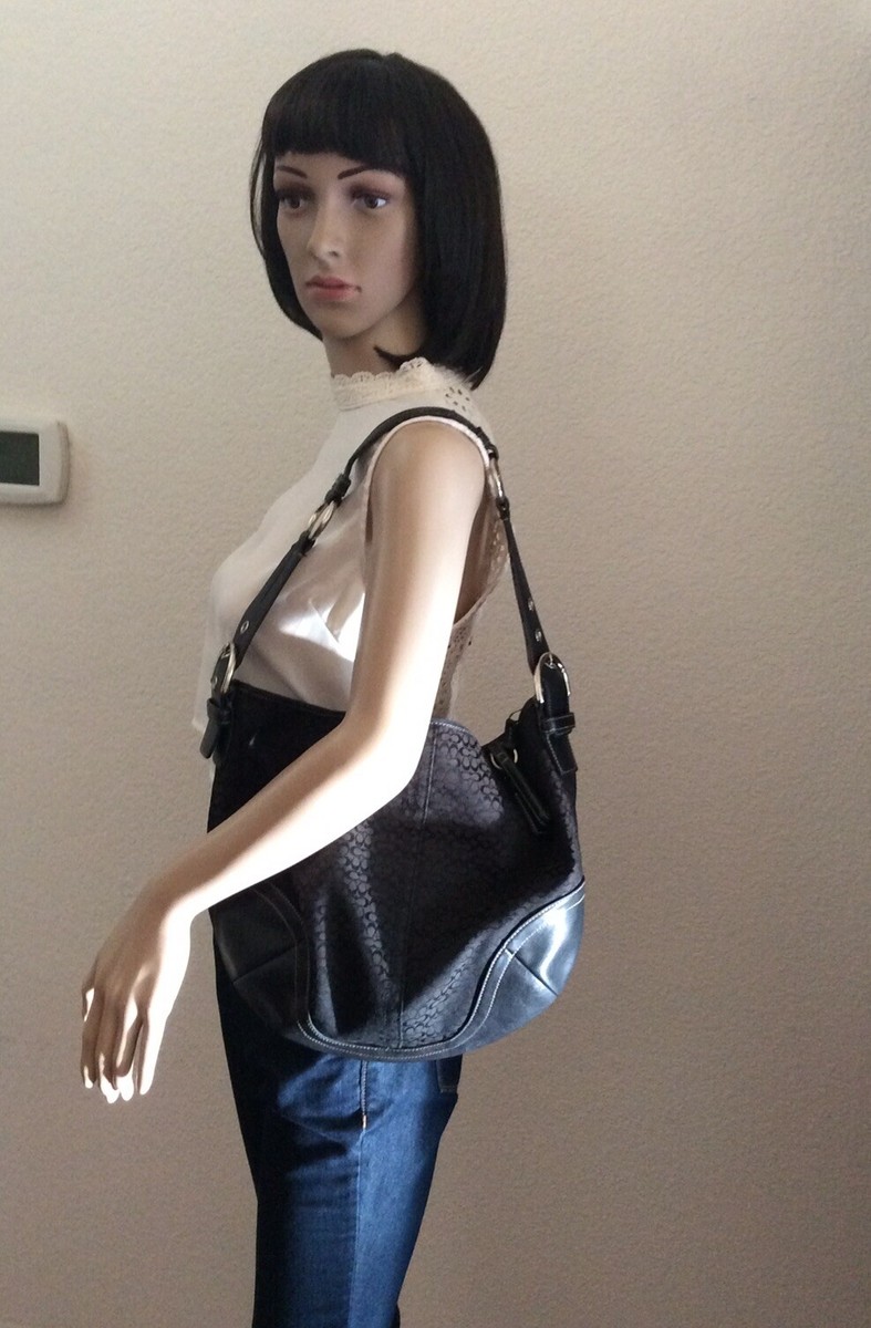 Coach Hobo Black Signature Canvas Leather Trim Shoulder Bag