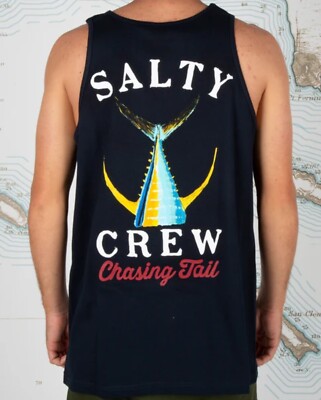 Salty Crew Tank Top T Shirt Mens Medium Black Fish Graphic Tee Chasing Tail