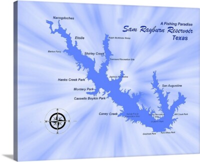 Sam Rayburn Reservoir Texas Arial Map a Fishing Paradise Poster Or Canvas Wrap