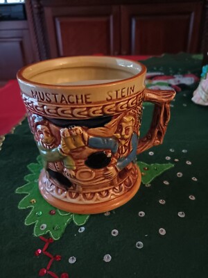 Vintage Mustache Stein Beer Mug Ceramic Cup 3-D Scene Japan Drinking Buddies