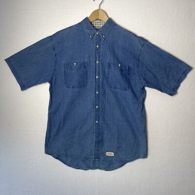 Vintage County Seat Shirt Mens Medium Blue Denim Cotton Linen Blend Short Sleeve