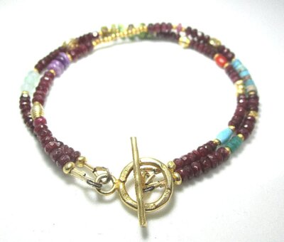 2 Strand Bracelet w Ruby / Turquoise / Coral / Aqua / Emerald 9.7 grams 7 1/8 