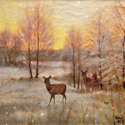 3 Servietten~ Winter, Tiere, Wald, Hirsche, Sonnenuntergang, RIEN Poortvliet~33x