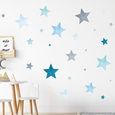 160St blaue Sterne Aquarell wie gemalt Wandtattoo Sterne Kinderzimmer Junge v94