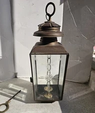 Vintage MCM Brass Candle Holder Lamp Lantern Etched Beveled Glass Detached Door