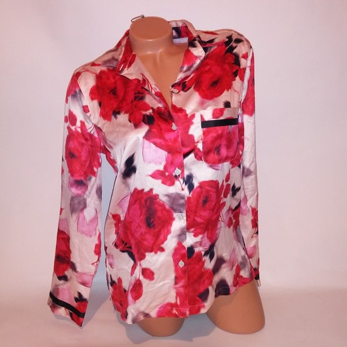 Victoria Secret Pajama Top Sleepwear XS Red Cream Black Floral Satin