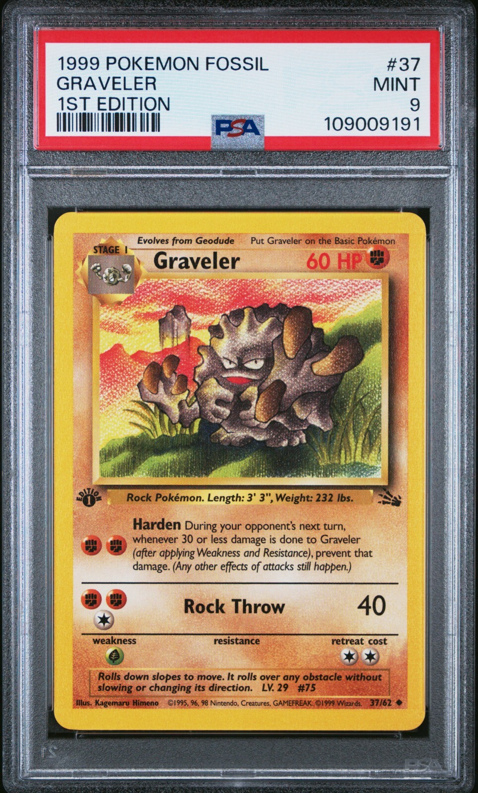 Pokemon Card Graveler 37/62 1st Edition Fossil Set 1999 PSA 9 MINT