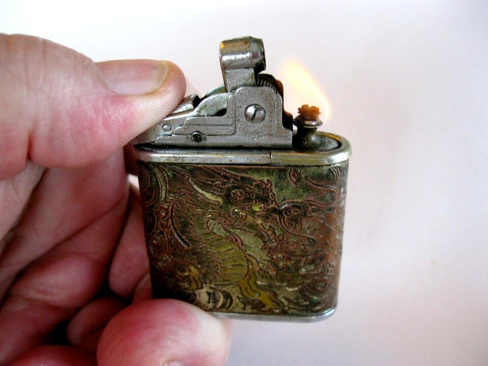 Prince Japanese Damascene Komai Cigarette Lighter Dragon/Tiger Excellent Works!