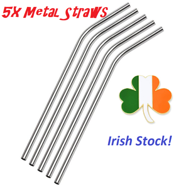 5x Drinking Metal Straws Reusable Stainless Steel Bent Straight 8.5" Lenght ECO